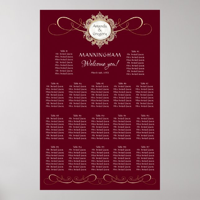 Póster Sencilla Elegante Asiento De Boda Negro Swirl Gold (Frente)