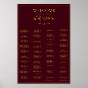 Póster Sencilla tabla de asientos alfabéticos rojos para 