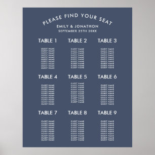 Póster Sencilla tabla de asientos de Boda azul de la Mari