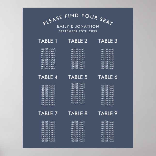 Póster Sencilla tabla de asientos de Boda azul de la Mari (Frente)