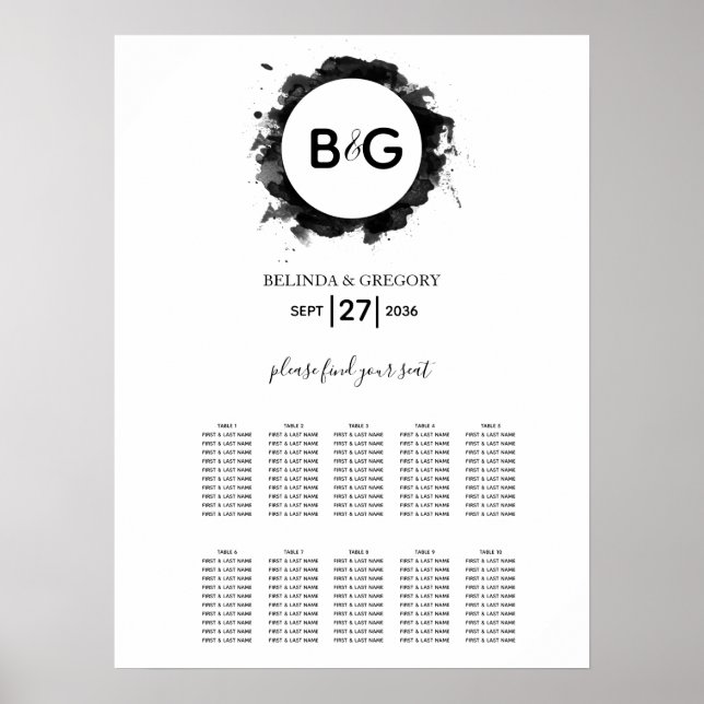 Póster Sencilla tabla de asientos de Boda blanco negro (Frente)