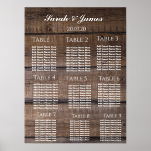 Póster Sencilla tabla de asientos de Boda de madera rústi