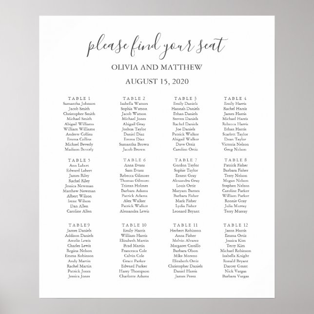 Póster Sencilla tabla de asientos en blanco y boda negro (Frente)