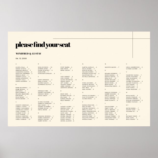 Póster Sencilla y elegante carta de asientos alfabéticos  (Frente)