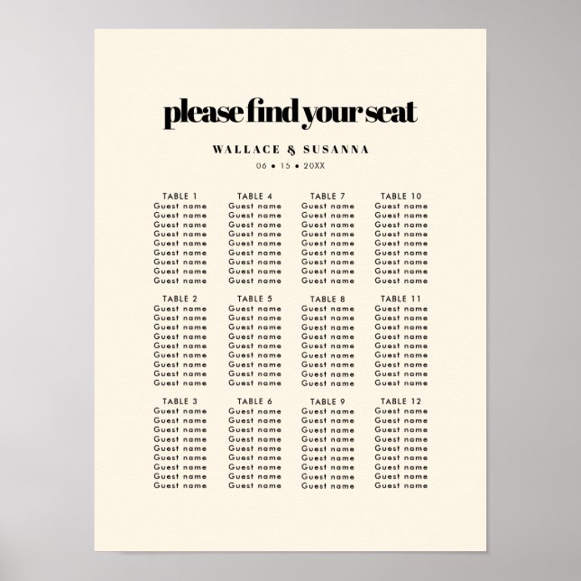 Póster Sencilla y elegante tabla de asientos boda de moda (Frente)