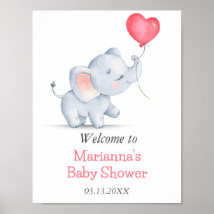 Póster Sencillo Elefante y Globo con Corazón Baby Shower
