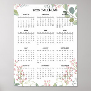 Póster Sencillo pero elegante calendario floral 2026   