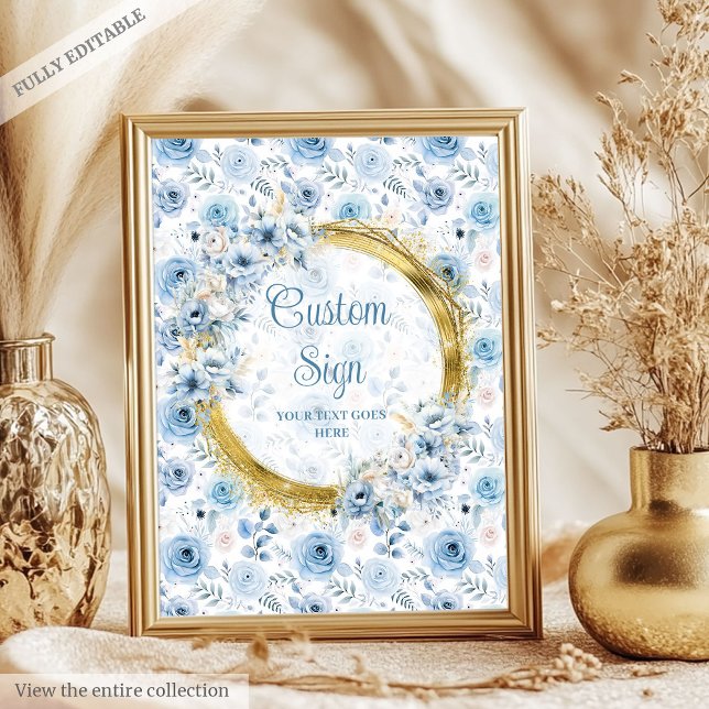 Póster Sencillo y polvoriento azul boho acuarela flores p (Simple dusty blue boho watercolor flowers custom Poster)