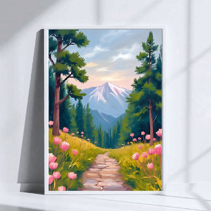 Póster Senderismo en la montaña   Paisaje floral de la na
