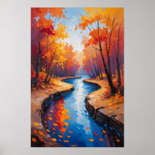 Póster Sendero de bosque otoñal con paisaje de arroyo flu
