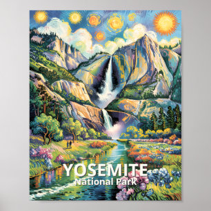 Póster Sendero de excursión con cascada de agua de primav