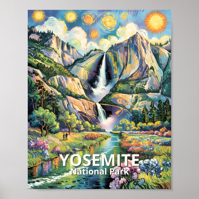 Póster Sendero de excursión con cascada de agua de primav (Frente)