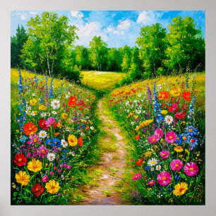 Póster Sendero de flores silvestres a través de un verano