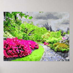 Póster Sendero de jardín sereno con flores rosadas vibran