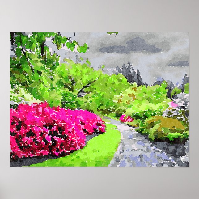 Póster Sendero de jardín sereno con flores rosadas vibran (Frente)