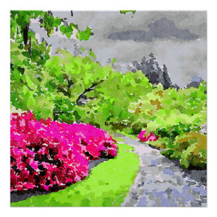 Póster Sendero de jardín sereno con flores rosadas vibran