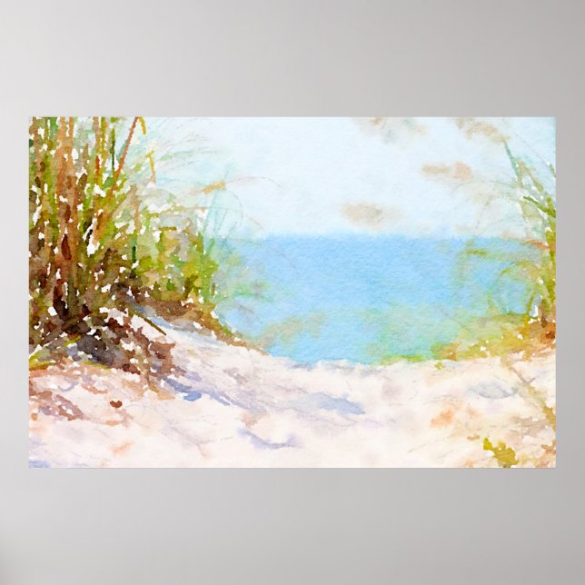 Póster Sendero de Playa Océano Hierba Acuarela (Frente)