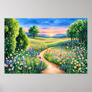 Póster Sendero del Atardecer a Través de un Prado de Flor