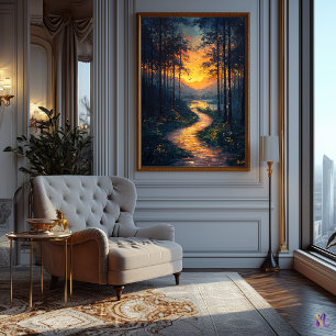 Póster Sendero del bosque al atardecer en estilo impresio