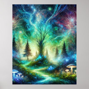 Póster Sendero del Bosque Encantado Hongos Brillantes Cie