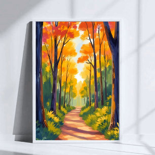 Póster Sendero del Bosque Otoñal   Acuarela de Foliaje Ot