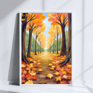 Póster Sendero forestal de otoño dorado con cálido follaj