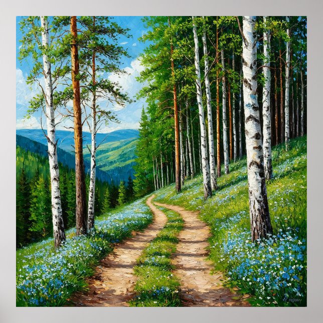 Póster Sendero forestal escénico entre abedules (Frente)
