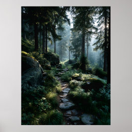 Póster Sendero forestal iluminado por el sol a través de