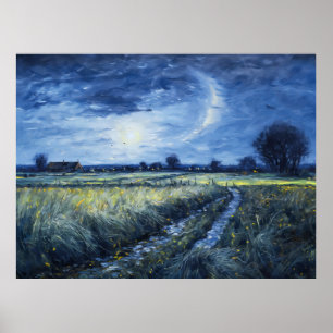 Póster Sendero iluminado por la luna a través del paisaje