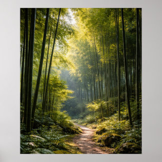 Póster Sendero Soleado a Través del Bosque de Bambú