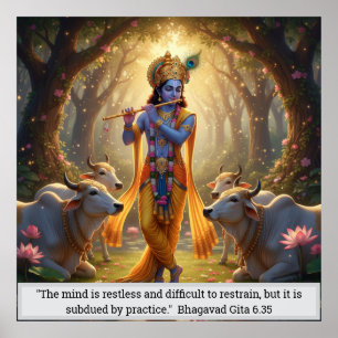 Póster Señor Krishna Bosque Vrindavan Toca la Flauta Divi