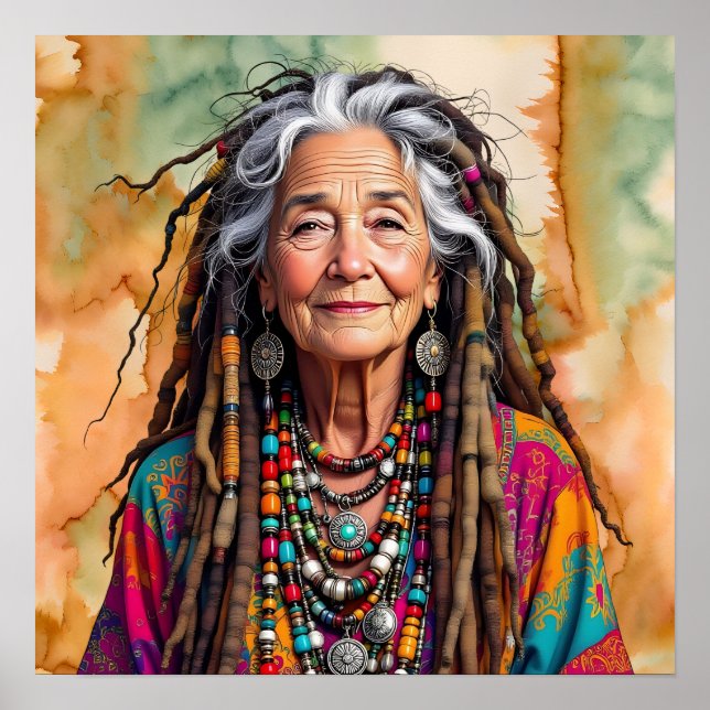 Póster Señora Anciana Genial con Cabello Rastas Mujer Hip (Frente)