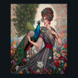 Póster Señora Art Deco con pavo real<br><div class="desc">Impresión Art Déco con una mujer en un turbante con su pavo real caminando por su jardín de flores.</div>