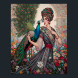 Póster Señora Art Deco con pavo real<br><div class="desc">Impresión Art Déco con una mujer en un turbante con su pavo real caminando por su jardín de flores.</div>
