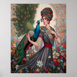 Póster Señora Art Deco con pavo real