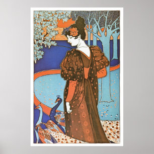 Póster Señora de Art Nouveau con pavos reales