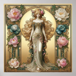 Póster Señora de Art Nouveau con peonías