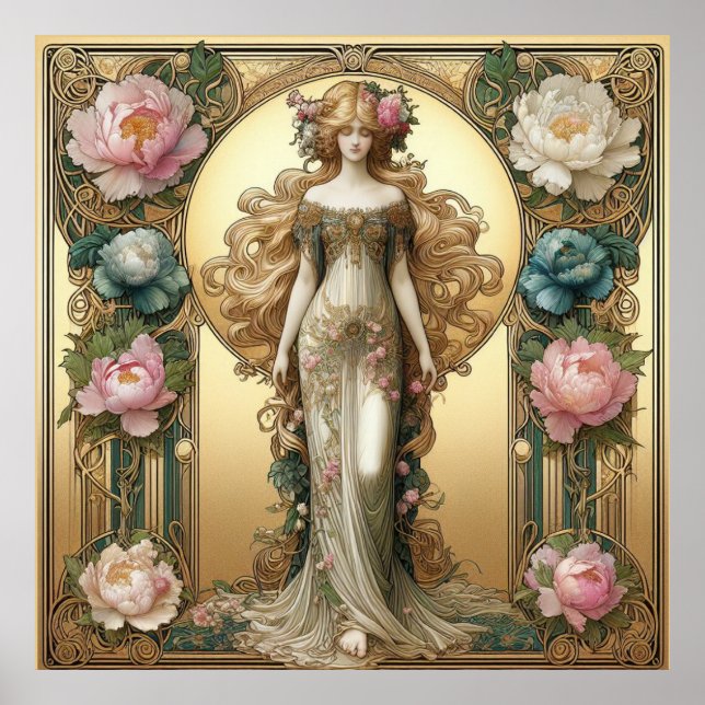 Póster Señora de Art Nouveau con peonías (Frente)