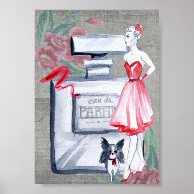 Póster Señora francesa con botellas de perfume de perro v (Frente)