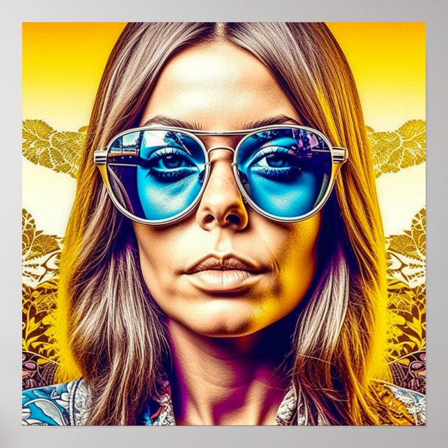 Póster Señora genial con gafas de sol azules (Frente)