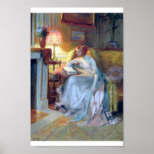 Póster Señora leyendo junto a la lámpara.