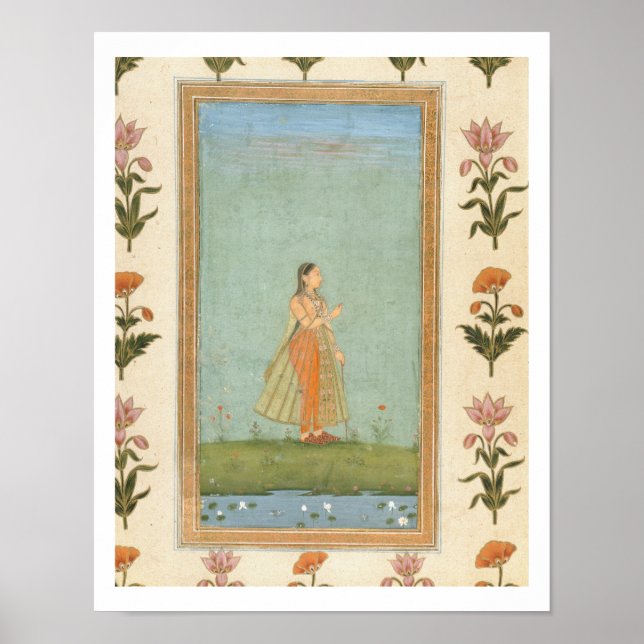 Póster Señora sosteniendo una flor, parada junto a un est (Frente)