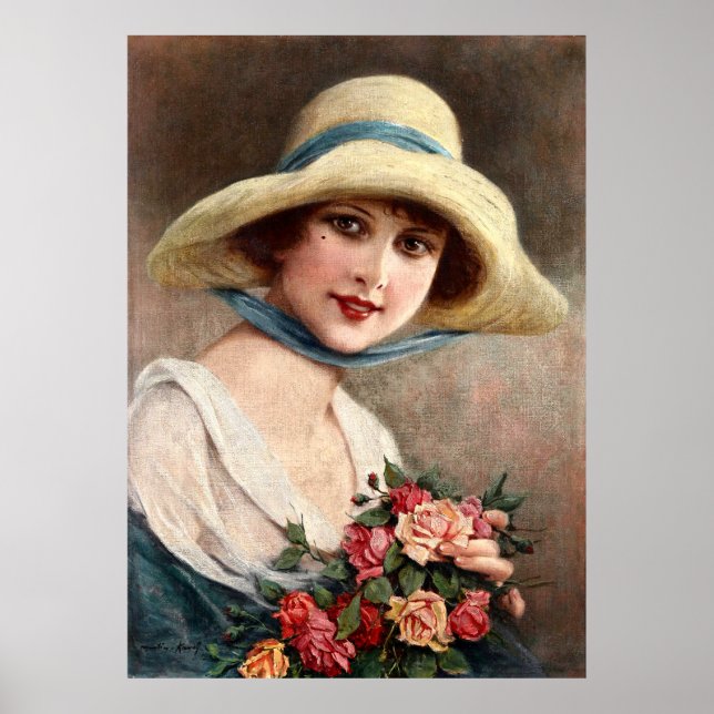Póster Señora Vintage Con Bouquet De Rosas (Frente)