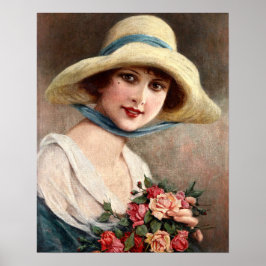 Póster Señora Vintage Con Bouquet De Rosas