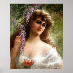 Póster Señora Vintage con flores moradas y Rosa de nata