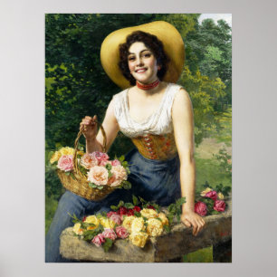 Póster Señora Vintage Con Una Cesta De Rosas