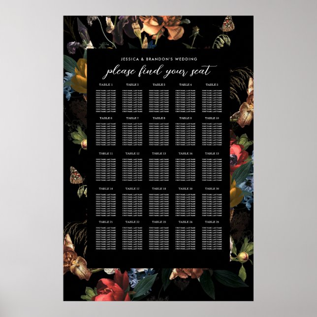 Póster Sentamiento de Boda Floral Romántico Oscuro Holand (Frente)