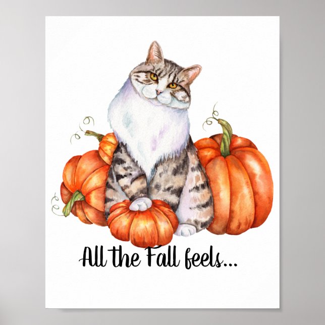 Póster Sentimientos de caída de gato y calabazas acuarela (Frente)