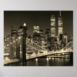 Póster Sepia Brooklyn Bridge New York Night