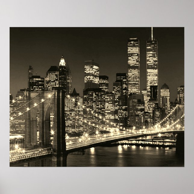 Póster Sepia Brooklyn Bridge New York Night (Frente)
